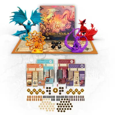 Dragonbond Lords of Vaala components with dragon miniatures, player boards, cards, dice, tokens, and game board.