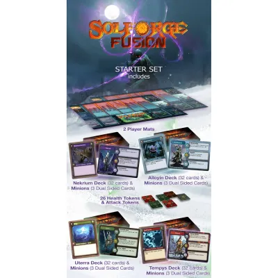 SolForge Fusion Starter Kit contents with player mats, faction decks, minion cards, and health and attack tokens.