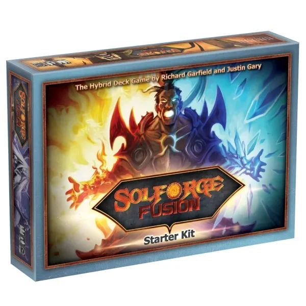 SolForge Fusion Starter Kit box front showing fantasy artwork with fire and ice magic.