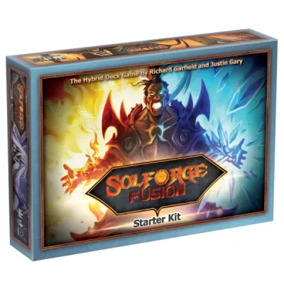 SolForge Fusion Starter Kit box front showing fantasy artwork with fire and ice magic.