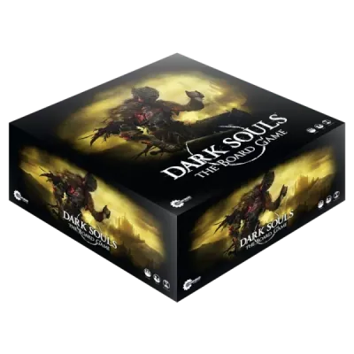 Dark Souls: The Board Game box front with dark fantasy knight artwork and grim yellow-black atmosphere.