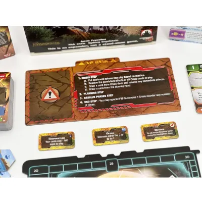Terraforming Mars Ares Expedition Crisis board close-up showing crisis steps, VP bank, and terraforming penalty tiles.