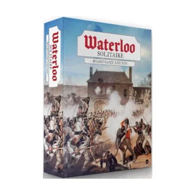 Box cover for Waterloo Solitaire Board Game Edition, showing Napoleonic troops fighting near a farmhouse.