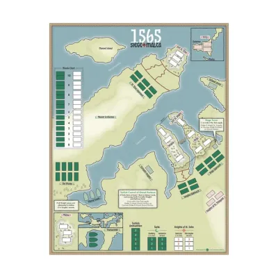 Mounted game board for 1565: Siege of Malta, showing Malta forts, harbours, troop areas, and morale tracks.