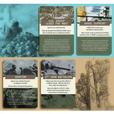 Tarawa 1943 card examples showing Col. Shoup, Naval Support, Heroism, and 2nd Tank Battalion.