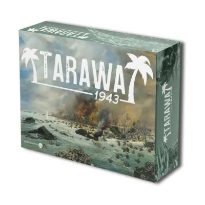 Box cover for Tarawa 1943, showing U.S. Marines landing under fire on a Pacific island beach.
