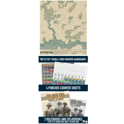 Seven Days Battles 1862 components showing mounted maps, counter sheets, rulebooks, playbooks, dice, and player aids.