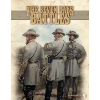 Box cover for The Seven Days Battles 1862, showing three Confederate officers in grey uniforms.