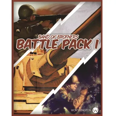 Box cover for Band of Brothers Battle Pack 1, showing WWII soldiers and a tank gun in combat scenes.