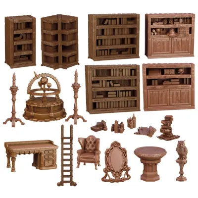 TerrainCrate Wizard’s Study set with bookcases, desk, chair, mirror, candles, potions, orrery, and arcane details.