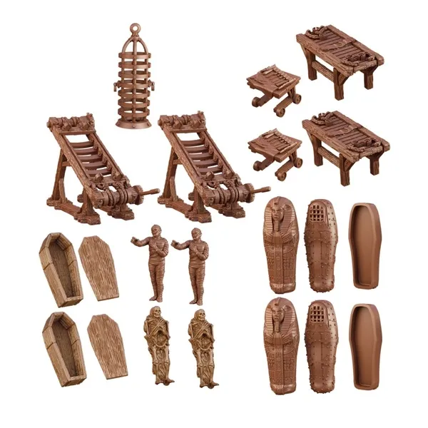 TerrainCrate Torture Chamber set with racks, tables, cages, coffins, sarcophagi, mummies, and prisoners.