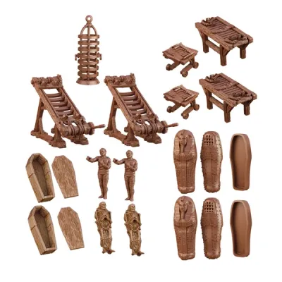 TerrainCrate Torture Chamber set with racks, tables, cages, coffins, sarcophagi, mummies, and prisoners.