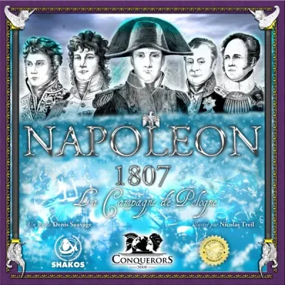 Napoléon 1807 campaign wargame cover with Napoleon and opposing commanders over a winter battle scene.