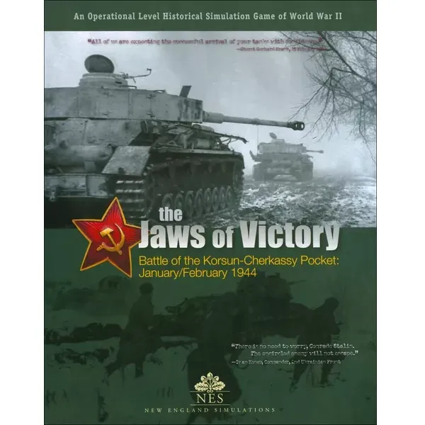 The Jaws of Victory WWII wargame cover with tanks advancing through winter terrain near Korsun-Cherkassy.