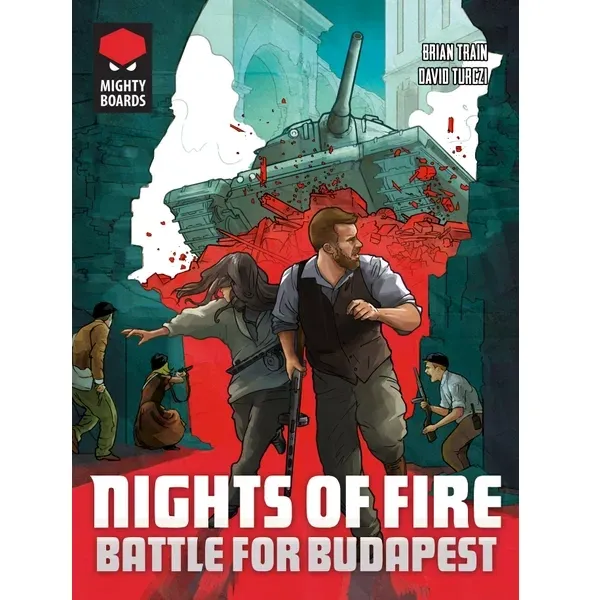 Nights of Fire: Battle for Budapest box front with insurgents, ruined city streets, and Soviet tank artwork.