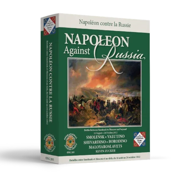 Box cover of Napoleon Against Russia, showing Napoleonic battle artwork on a green OSG game box.