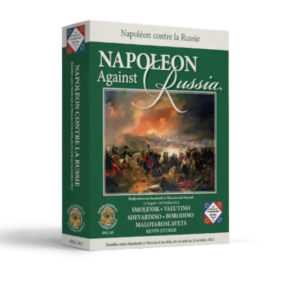 Box cover of Napoleon Against Russia, showing Napoleonic battle artwork on a green OSG game box.