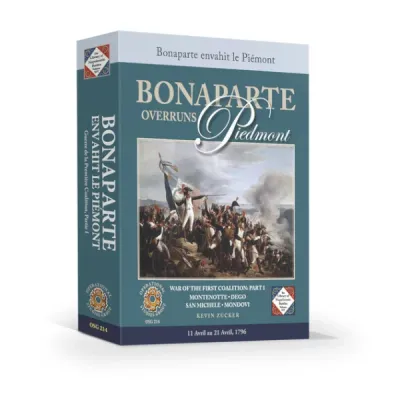 Box cover of Bonaparte Overruns Piedmont, showing Napoleonic battle artwork on a teal OSG game box.