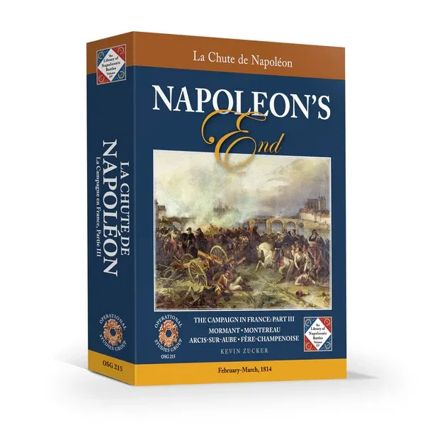 Box cover of Napoleon’s End, showing Napoleonic battle artwork on a blue and gold OSG game box.