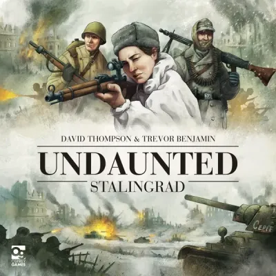 Undaunted: Stalingrad box cover with Soviet and German soldiers over a ruined city battlefield.