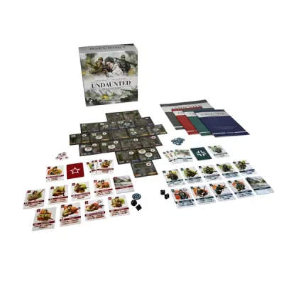 Undaunted: Stalingrad game contents with cards, tiles, tokens, booklets, dice, and box.