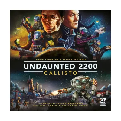 Undaunted 2200: Callisto Undaunted 2200: Callisto box front with sci-fi soldiers, mechs and moon base battle.