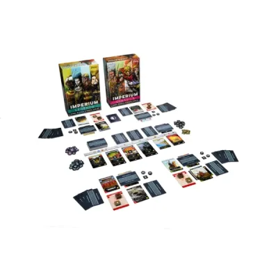 Imperium: Classics and Legends boxes with cards, tokens and game setup.