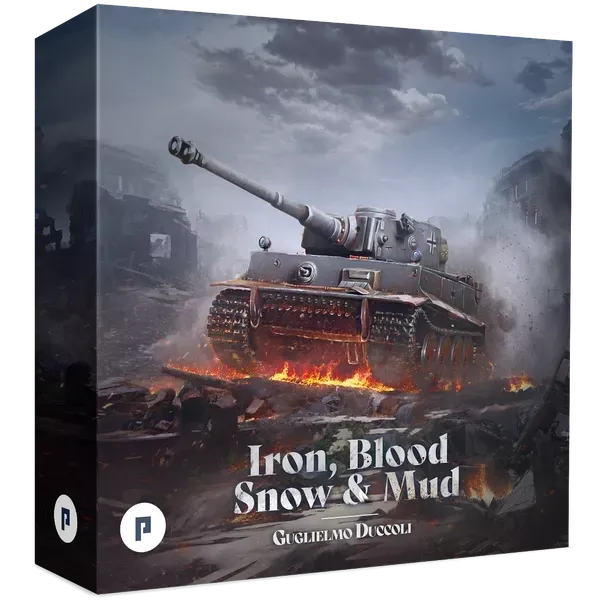 Iron, Blood, Snow &amp; Mud box front with German tank advancing through a burning city.