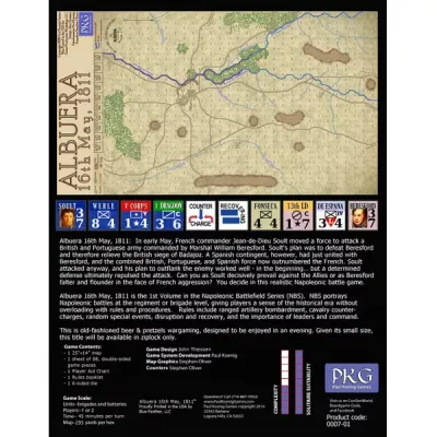 Back cover of Albuera 16 May 1811, showing the game map, sample counters, description, and stats.