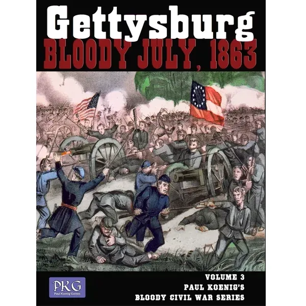 Front cover of Gettysburg Bloody July 1863, showing Civil War soldiers fighting around artillery and flags.