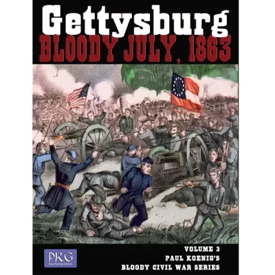 Front cover of Gettysburg Bloody July 1863, showing Civil War soldiers fighting around artillery and flags.