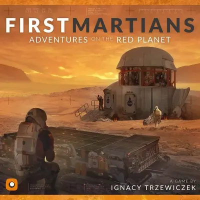 First Martians: Adventures on the Red Planet box front with astronaut, Mars habitat, rover, and orange Martian landscape.