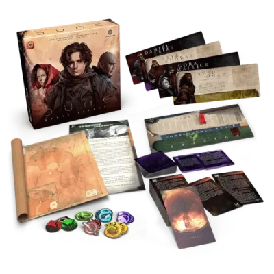 Dune: House Secrets box, cards, maps, tokens and story components.
