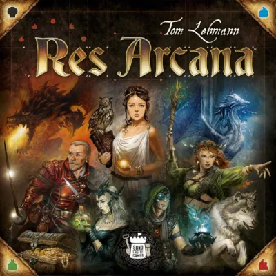 Res Arcana box front showing fantasy mages, creatures, dragon, wolf, owl, and magical artifacts.