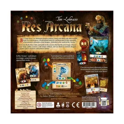 Res Arcana box back showing gameplay overview, mage and artifact cards, essences, monuments, and contents list.