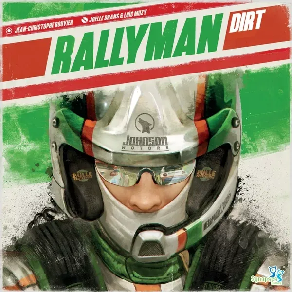 Rallyman: DIRT box front with close-up of rally driver wearing helmet and goggles.