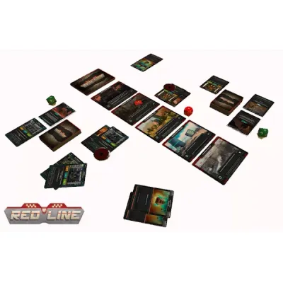 REDLINE Tactical Card Combat gameplay setup with cards, dice, missions, decks, and combat areas.