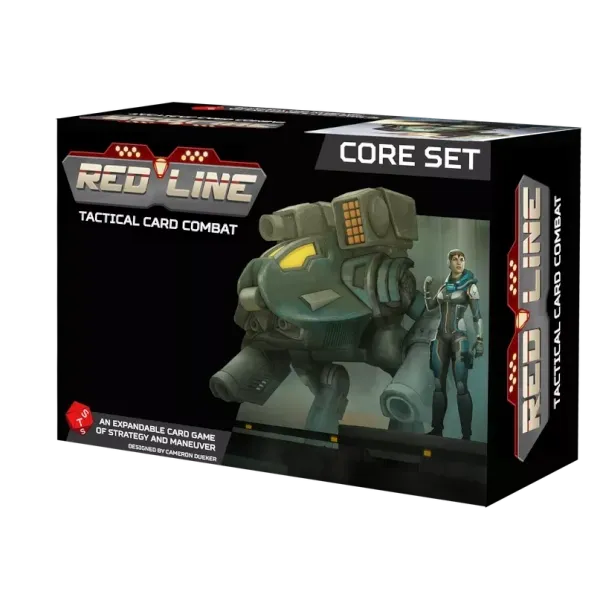 REDLINE Tactical Card Combat core set box front showing a mech and pilot.