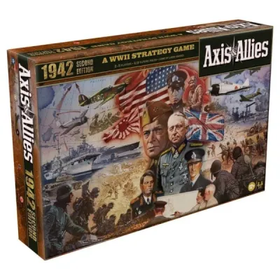 Axis &amp; Allies: 1942 Second Edition WWII strategy game box with Allied and Axis leaders and battle scenes.