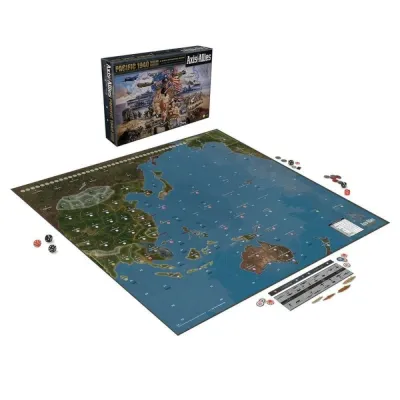 Axis & Allies: Pacific 1940 Second Edition box, Pacific map board, dice, markers, and game pieces.