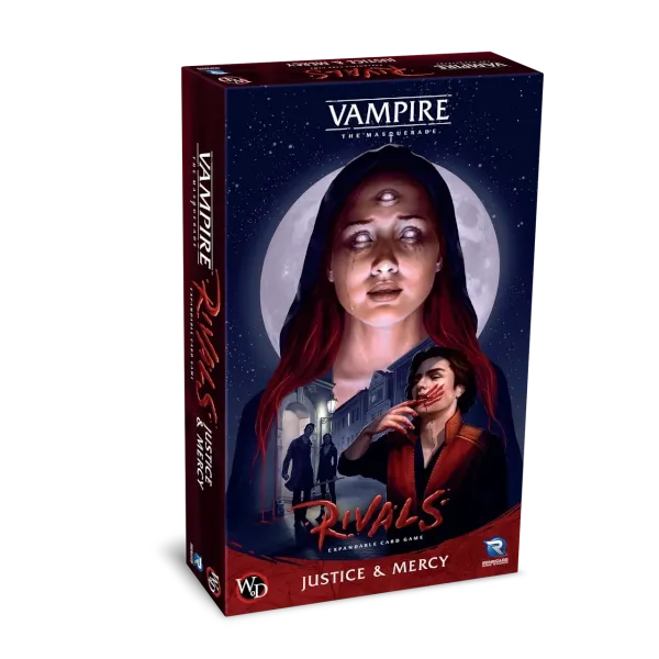 Vampire The Masquerade Rivals Justice &amp; Mercy box front showing vampire characters under a full moon.