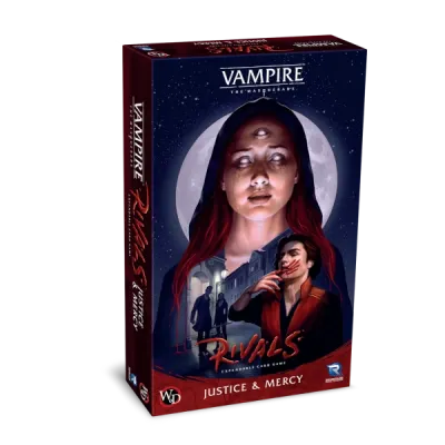 Vampire: The Masquerade – Rivals: Justice & Mercy Vampire The Masquerade Rivals Justice & Mercy box front showing vampire characters under a full moon.