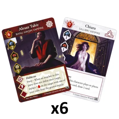 Vampire Rivals Justice & Mercy card examples showing Alraaz Tahir and Chiara vampire cards.