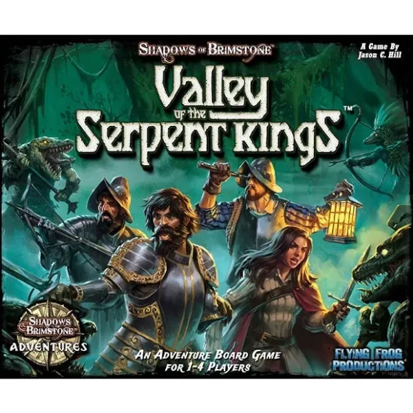 Shadows of Brimstone Valley of the Serpent Kings box front showing Conquistador heroes surrounded by serpent creatures.