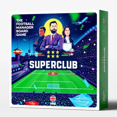 Superclub: The Football Manager Board Game box front with managers overlooking a football stadium.