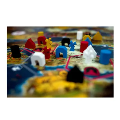 Scythe map close-up with colourful worker pieces, buildings, resources, and faction presence on the board.