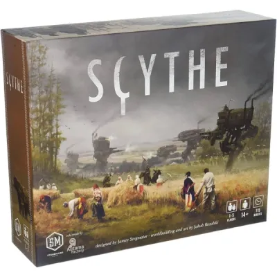 Scythe box front showing farmers working fields while dieselpunk mechs patrol in the background.