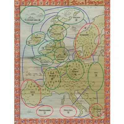 Sea Kings game board showing Viking travel routes, regions, and score track around Europe.