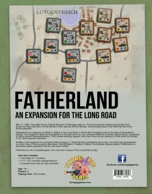 Back of Fatherland expansion box showing map, unit counters, and game description text.