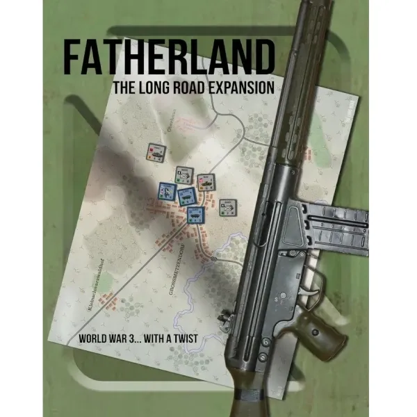 Cover for The Long Road Fatherland, showing rifle over map with unit counters in World War III setting